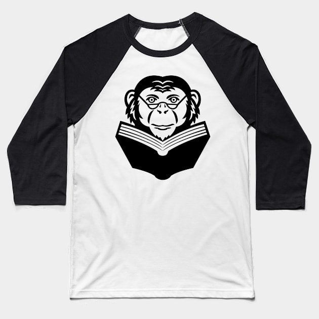 Chimpanzee Chimp Monkey Primate or Ape Wearing Glasses Reading Book Mascot Black and White Baseball T-Shirt by patrimonio